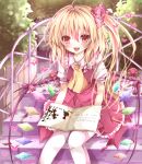  ascot big_bad_wolf_(grimm) blonde_hair book bush fang flandre_scarlet flower frilled_skirt garden grimm&#039;s_fairy_tales grimm's_fairy_tales hair_flower hair_ornament hair_ribbon highres little_red_riding_hood little_red_riding_hood_(grimm) nanase_nao no_hat no_headwear open_book open_mouth red_eyes ribbon short_hair side_ponytail silhouette sitting skirt skirt_set smile solo stairs the_embodiment_of_scarlet_devil thigh-highs thighhighs touhou translated white_legwear wings wrapped 