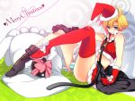  ahoge blonde_hair blue_eyes blue_striped_panties boots bulge christmas cloud_strife crossdressinging english final_fantasy final_fantasy_vii final_fantasy_vii_advent_children final_fantasy_viii frown gloves hat high_heels male materia merry_christmas mismatched_footwear navel panties pantyshot pillow ribbon santa_costume shima_chiyo short_hair sitting solo striped striped_panties thigh-highs thigh_boots thigh_strap thighhighs trap underwear 