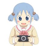  blue_eyes blue_hair blush hair_cubes hair_ornament mihune naganohara_mio nichijou open_mouth playing_games playstation_portable school_uniform short_hair solo twintails 