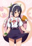  backpack bag bakemonogatari black_hair blush brown_eyes cosplay errant hachikuji_mayoi hachikuji_mayoi_(cosplay) hair_ribbon hairband k-on! long_hair monogatari_(series) nakano_azusa randoseru ribbon school_uniform skirt skirt_lift solo twintails 