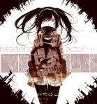  aji77 bad_id black_hair black_legwear character_request directional_arrow ene_(kagerou_project) gas_mask hairband hands_in_pockets headphone_actor_(vocaloid) headphones legwear_under_shorts pantyhose red_eyes shorts solo thigh-highs thighhighs twintails vocaloid zipper 