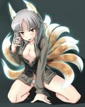  bottomless breasts character_request cleavage edytha_rossmann fox_ears fox_tail hi-ho- multiple_tails naughty_face no_bra no_pants open_clothes open_shirt panties saliva silver_hair squatting strike_witches tail tongue underwear 