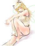  adult alternate_costume bare_legs barefoot black_panties blonde_hair china_dress chinese_clothes hat long_hair looking_at_viewer luna_child mochi.f panties red_eyes simple_background sitting solo touhou underwear 