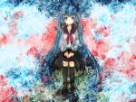  blue_eyes blue_hair hatsune_miku hinanosuke leaves long_hair ribbons seifuku twintails vocaloid 