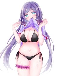  1girl bikini green_eyes highres long_hair love_live!_school_idol_project mouth_hold purple_hair shiguri shirt_lift swimsuit toujou_nozomi twintails 