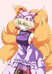  1girl animal_ears bare_shoulders blonde_hair bow breasts cosplay detached_sleeves eyebrows_visible_through_hair female fox_tail hair_bow hair_in_mouth hat highres large_breasts merry_(diameri) multiple_tails ribbon short_hair sideboob solo tail touhou yakumo_ran yakumo_yukari yakumo_yukari_(cosplay) yellow_eyes 