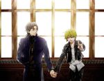  2boys ari_(ari_0212) blonde_hair brown_eyes brown_hair coat cross cross_necklace earrings fate/stay_night fate_(series) gilgamesh hand_holding holding_hands jewelry kotomine_kirei multiple_boys necklace pointing red_eyes 