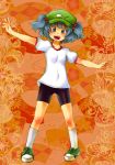  akenoin_soumon alternate_costume bike_shorts blue_eyes blue_hair gym_uniform hair_bobbles hair_ornament kawashiro_nitori kneehighs looking_at_viewer orange_background outstretched_arms shoes short_twintails shorts sneakers solo spread_arms touhou twintails two_side_up white_legwear 