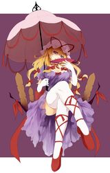  blonde_hair crossed_legs dress fan folding_fan gap hat legs_crossed long_hair nanahara_fuyuki parasol purple_eyes sitting solo thigh-highs thighhighs touhou umbrella violet_eyes white_legwear yakumo_yukari 