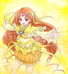  1girl brooch bubble_skirt capelet cure_muse_(yellow) dress hair_ornament hair_ribbon heart jewelry long_hair looking_at_viewer magical_girl orange_hair precure red_eyes ribbon shirabe_ako solo suite_precure tiara uyoshi very_long_hair yellow yellow_dress 