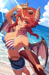  1girl absurdres adjusting_eyewear american_flag american_flag_bikini american_flag_print armband bandana bandana_around_neck beach belt bikini black_belt black_nails breasts dragon_girl dragon_horns dragon_tail dragon_wings eyewear_on_head fang fingernails flag_print flag_print_bikini hand_on_eyewear highres horn_piercing horns long_fingernails nazunanana1230 ocean open_mouth orange_eyes print_bikini red_bandana red_hair shorts sideboob slit_pupils socks_agency solo sunglasses swimsuit tail tan virtual_youtuber wings wolf_cut zentreya zentreya_(dragon) 