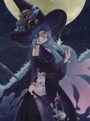  1girl absurdres bare_shoulders bead_bracelet beads blue_hair bracelet braid commentary_request dress duel_monster frilled_dress frilled_thighhighs frills full_moon half_up_braid hammer hat highres jewelry light_smile looking_at_viewer mage_staff moon multicolored_hair night pink_nails pink_streaks purple_dress rilliona_(yu-gi-oh!) scissors sky solo staff star_(sky) starry_sky streaked_hair tamatarou thigh-highs witch witch_hat witchcrafter_madame_rilliona yellow_eyes yu-gi-oh! zettai_ryouiki 