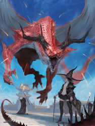  1girl 2others architecture black_hair blue_sky boots day dragon east_asian_architecture fighting_stance firing hat highres mage_staff magic monster multiple_others open_mouth original pleated_skirt red_scales robe satoru_wada shirt signature skirt sky staff thigh_boots white_scales white_shirt witch witch_hat 