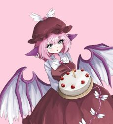  1girl animal_ear_piercing animal_ears bird_ears bird_wings birthday_cake blush bow brown_eyes brown_hat cake earrings feathered_wings food hat highres jewelry long_sleeves looking_at_viewer mystia_lorelei pink_hair shirt short_hair smile solo thrownaloecrown touhou winged_hat wings 