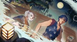  1boy 1girl absurdres bath_yukata blue_eyes blue_hair blue_kimono brown_eyes chrom_(fire_emblem) chrom_(revitalized_fate)_(fire_emblem) collarbone couple female_robin_(fire_emblem) female_robin_(onsen_tactician)_(fire_emblem) fire_emblem fire_emblem_awakening fire_emblem_heroes from_below full_moon hair_rings hetero highres holding holding_hands japanese_clothes kimono long_sleeves looking_at_another looking_back medium_hair moon night official_alternate_costume official_alternate_hairstyle onsen rinfu_(rinfu13) rock second-party_source short_hair sky star_(sky) starry_sky towel towel_around_neck underwater_shot white_hair yellow_kimono yukata 