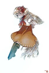  1girl animal_on_head arms_behind_back baby_animal bird bird_on_head bird_tail blonde_hair blush boots capelet chick commentary dated dress feathered_wings full_body green_boots highres kokechankokko neckerchief niwatari_kutaka on_head orange_capelet orange_dress red_hair red_neckerchief shirt smile solo tail touhou untranslatable_commentary white_background white_shirt wings 