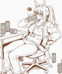  1girl animal_ears arknights bags_under_eyes brand_name_imitation breasts caffichai can chair closed_mouth commentary commission denim desk drinking english_commentary feet_out_of_frame greyscale highres holding holding_can horse_ears horse_girl horse_tail id_card jacket jeans large_breasts long_hair mon3tr_(arknights) monochrome monster_energy office_chair open_clothes open_jacket original pants ponytail simple_background sitting solo spot_color squiggle swivel_chair table tablet_pc tail white_background 