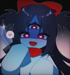  1girl :d alt_0218 aqua_(deltarune) aqua_dress aqua_skin black_hair bow colored_skin commentary_request deltarune dress extra_eyes eyelashes eyes_visible_through_hair fang glint gradient_background hair_over_eyes hands_up heart heart_in_eye highres holding holding_knife knife light_blush long_hair looking_at_viewer neckerchief open_mouth outline red_bow red_eyes red_neckerchief shaded_face signature skin_fang sleeves_past_fingers sleeves_past_wrists smile solo spoken_heart symbol_in_eye third_eye triclops two_side_up upper_body utdr_(toby_fox) white_outline yandere 