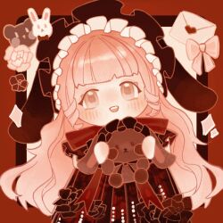  1girl animal_ear_headwear animal_ears beads bear blunt_bangs bonnet border bow bowtie brown_eyes child chinese_commentary classic_lolita commentary_request cowboy_shot dress dress_flower eyelashes floppy_ears floral_print flower frilled_headwear happy head_tilt highres holding holding_stuffed_toy jingyanyan light_blush lolita_fashion long_hair lop_rabbit_ears love_letter nikki_(nikki) nikki_(series) open_mouth outside_border picture_frame pink_bow pink_hair pleated_dress print_dress rabbit_ears red_bonnet red_border red_bow red_bowtie red_dress red_flower red_rose red_theme ringlets rose rose_print shining_nikki single_stripe smile solo sparkle standing striped_bow striped_bowtie striped_clothes stuffed_animal stuffed_rabbit stuffed_toy tareme teeth upper_teeth_only very_long_hair wavy_hair white_background young_nikki_(shining_nikki) 