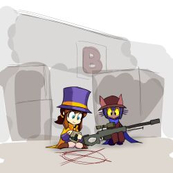  1girl 1other a_hat_in_time absurdres ai_arctic_warfare androgynous animal_hat black_eyes blue_eyes blue_hair blue_scarf bolt_action bomb boots brown_boots brown_coat brown_hair brown_hat brown_pants c4 cape cat_hat child closed_mouth coat colored_sclera commentary confused counter-strike_(series) crossover de_dust2 english_commentary explosive gun hair_tie hat hat_kid hat_ribbon highres holding holding_bomb holding_gun_barrel in-universe_location jacket kneeling long_sleeves looking_down medium_hair mouthwash_inc niko_(oneshot) oneshot_(game) pants ponytail purple_hat purple_jacket purple_pants ribbon rifle scarf scope sidelocks sitting sleeves_past_fingers sleeves_past_wrists sniper_rifle sweat top_hat wariza wavy_mouth weapon wide_shot worried yellow_cape yellow_ribbon yellow_sclera 