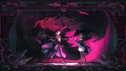  2girls arknights arknights:_endfield black_boots black_coat black_gloves black_hair black_leggings black_mask black_shoes boots braid coat dress endministrator_(arknights) female_endministrator_(arknights) full_body gloves highres leggings mask multiple_girls nefarith_(arknights) purple_hair sberrymacchiato shoes sweater white_dress white_sweater 