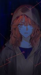  1girl 2hepaleblue blue_background blue_shirt brown_coat brown_hoodie coat commentary crying crying_with_eyes_open eyes_visible_through_hair green_eyes hair_between_eyes hair_over_eyes highres hood hoodie jean_grey marvel medium_hair messy_hair orange_hair red_eyes shirt simple_background solo spider-man:_brand_new_day spider-man_(series) tears wavy_hair wispy_bangs 