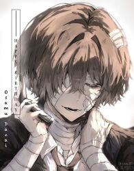  1boy absurdres bandage_over_one_eye bandaged_arm bandaged_neck bandages brown_hair bungou_stray_dogs cellphone character_name closed_eyes dated dazai_osamu_(bungou_stray_dogs) english_commentary hair_between_eyes hair_over_one_eye hand_on_own_neck happy_birthday highres holding male_focus one_eye_covered open_mouth phone portrait ruiseru_080 shade short_hair simple_background solo twitter_username white_background 