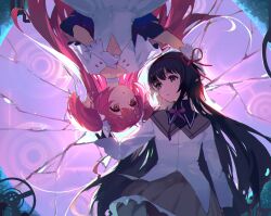 2girls acr_(dash) akemi_homura akemi_homura_(magical_girl) black_collar black_hair capelet chinese_commentary choker collar commentary_request cracked_background dress expressionless frilled_skirt frills gloves grey_skirt hair_ribbon hand_in_another's_hair hand_on_own_chest highres kaname_madoka long_hair looking_at_another magical_girl mahou_shoujo_madoka_magica mahou_shoujo_madoka_magica_(anime) multiple_girls neck_ribbon pink_hair pleated_capelet purple_ribbon red_ribbon ribbon rotational_symmetry skirt starry_sky_print twintails two-tone_capelet ultimate_madoka upper_body upside-down very_long_hair wheel white_capelet white_choker white_dress white_gloves