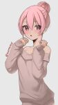  1girl artist_name blush bow brown_sweater commentary grey_background hair_bow hands_up long_sleeves looking_at_viewer off-shoulder_sweater off_shoulder original parted_lips pink_eyes pink_hair simple_background skeptycally sleeves_past_wrists solo sweater upper_body 