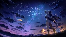  1girl 2others absurdres artist_request asymmetrical_legwear blue_tail bodysuit boots cloud9 clouds constellation_hair_ornament crescent crescent_hair_ornament dark_background dragon_girl dragon_horns dragon_tail english_text galaxy grass hair_ornament highres horns indie_virtual_youtuber jacket lake mismatched_legwear mountainous_horizon multiple_others night see-through_bodysuit see-through_clothes shorts star_(sky) starry_hair tail vienna_(6th_costume)_(vtuber) vienna_(vtuber) virtual_youtuber white_jacket white_shorts 