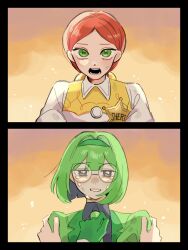  2girls animification commentary_request green_hair green_jacket green_necktie highres jacket jessie_the_yodeling_cowgirl lilypad_(toy_story) looking_at_viewer multiple_girls necktie oike_pocchan open_clothes open_jacket orange_hair round_eyewear shirt smile toy_story toy_story_5 