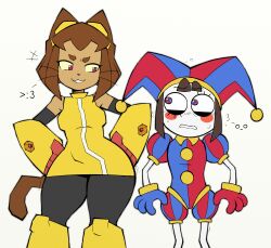  2girls :3 absurdres alt_text animal_ears bare_shoulders black_pants blue_gloves blush blush_stickers breasts brown_hair cat_ears cat_girl cat_tail colored_skin commentary company_connection dark-skinned_female dark_skin dress english_commentary feet_out_of_frame furry furry_female gameoverse glitch_productions gloves goggles goggles_on_head hair_between_eyes hands_on_own_hips hat highres jester jester_cap kit_bodega looking_at_another multicolored_eyes multicolored_gloves multiple_girls pants pomni_(the_amazing_digital_circus) red_eyes red_gloves scrilopolis short_hair short_sleeves sidelocks simple_background sleeveless sleeveless_dress standing tail tan the_amazing_digital_circus thick_eyebrows two-tone_eyes two-tone_hat whiskers white_background white_skin wide_hips yellow_dress yellow_gauntlets yellow_trim 