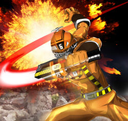  1boy assault_visor attack_trail belt black_visor bodysuit commentary_request explosion gloves helmet holding holding_sword holding_weapon murahigeya orange_bodysuit orange_gloves orange_helmet ressha_sentai_toqger slashing solo super_sentai sword tokusatsu toq_6gou weapon yuudou_breaker 