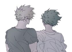  2boys bakugou_katsuki blonde_hair boku_no_hero_academia collared_shirt commentary floating_hair from_behind fukami_(hk3) green_hair grey_shirt highres long_sleeves male_focus midoriya_izuku multiple_boys shirt short_hair short_sleeves side-by-side simple_background spiky_hair t-shirt upper_body very_short_hair white_background white_shirt 