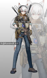  1girl animal_ears artist_name assault_rifle bulletproof_vest camouflage camouflage_jacket character_request closed_mouth denim fox_ears fox_tail full_body gloves gun headset highres holster jacket jeans kuroinu9 long_hair looking_at_viewer multicolored_hair original pants red_eyes red_hair rifle scarf shoes sneakers solo standing tactical_clothes tactical_gloves tail thigh_holster twitter_username two-tone_hair watch watch weapon weapon_request white_hair 