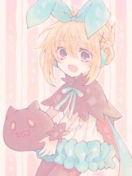  1girl :d aqua_bow blonde_hair bow braid brown_capelet brown_pantyhose brown_wrist_cuffs capelet child colored_petticoat dot_nose double-parted_bangs dress hair_between_eyes hair_bow half_up_braid holding holding_stuffed_toy kuru_akari light_blush oekaki open_mouth original pantyhose petticoat pink_background sleeveless sleeveless_dress smile solo striped_background stuffed_toy tegaki tongue violet_eyes white_background white_dress wrist_cuffs 