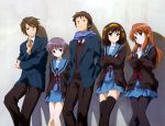  hair_ribbon koizumi_itsuki kyon nagato_yuki pantyhose ribbon scarf school_uniform suzumiya_haruhi suzumiya_haruhi_no_shoushitsu suzumiya_haruhi_no_yuuutsu thighhighs wall zettai_ryouiki 