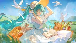  1girl aqua_eyes aqua_hair arms_up basket bird blue_sky book bread clouds cup dove dress food frilled_dress frills grass hat hat_ribbon hatsune_miku head_wreath highres ito_tuduri long_hair open_mouth rabbit ribbon sky smile solo sun_hat sundress twintails very_long_hair vocaloid white_dress 