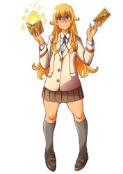  1girl blazer blonde_hair bombom book brown_skirt card closed_mouth grey_socks holding holding_book holding_card jacket light_mage_(housamo) official_art orange_eyes pleated_skirt school_uniform shaded_face skirt smile socks solo spell_card third-party_source tokyo_afterschool_summoners transparent_background 