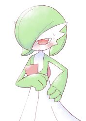  1girl absurdres blush bob_cut colored_skin dress gardevoir green_hair green_skin hand_on_own_hip highres multicolored_skin pink_eyes pokemon pokemon_(creature) qsvr_9 simple_background sweatdrop two-tone_skin white_background white_dress white_skin 