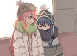  2girls beanie blue_hair blush closed_eyes commentary_request down_jacket hat hatopoo_(beach7pijon) jacket kagamihara_nadeshiko leaning_on_person long_hair looking_at_another multiple_girls pink_hair profile scarf scarf_over_mouth shima_rin side-by-side sitting sleeping sleeping_upright smile yuri yurucamp 