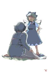  2girls barefoot blue_bow blue_skirt blue_vest bow bowtie cirno dated fins grass green_kimono hair_bow hands_on_own_hips head_fins highres ice ice_wings japanese_clothes kimono kokechankokko merfolk mermaid monster_girl multiple_girls obi puffy_short_sleeves puffy_sleeves raised_eyebrow red_bow red_bowtie sash shirt short_hair short_sleeves sitting skirt standing touhou vest wakasagihime white_background white_shirt wings 