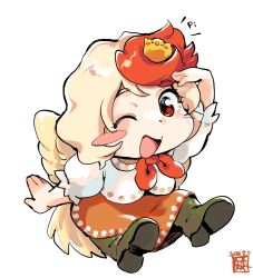  1girl :d animal_on_head arm_up baby_animal bird bird_on_head bird_tail blonde_hair boots chick commentary_request dated english_text green_boots kokechankokko multicolored_hair neckerchief niwatari_kutaka on_head one_eye_closed open_mouth orange_skirt red_eyes red_hair red_neckerchief shirt short_sleeves skirt smile solo tail touhou two-tone_hair white_background white_shirt wings 