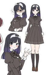  1girl absurdres black_bow black_bowtie black_jacket black_skirt black_socks bow bowtie commentary_request full_body hairband hand_on_own_arm highres jacket juliet_sleeves kneehighs kurosawa_junna_(raru_buran) long_hair long_skirt long_sleeves looking_at_viewer original pleated_skirt puffy_sleeves purple_hair raru_buran shaded_face skirt socks translation_request violet_eyes waving white_hairband 
