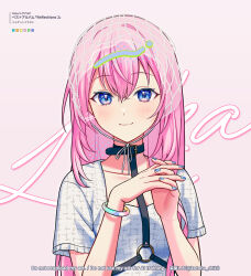  1girl absurdres alternate_costume blue_eyes blue_nails bracelet breasts commentary_request hat highres jewelry kotoha_shiki long_hair looking_at_viewer medium_breasts megurine_luka own_hands_clasped own_hands_together pink_hair see-through_clothes see-through_hat shirt simple_background smile upper_body vocaloid white_hat white_shirt 