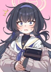  1girl ^^^ absurdres black_hair black_shirt blue_archive blush book bright_pupils brown_cardigan cardigan cardigan_partially_removed commentary_request constricted_pupils hair_ribbon hairband halo highres holding holding_book jewelry looking_at_viewer low_twintails necklace pink_background purple_hairband purple_ribbon ribbon sailor_collar shirt simple_background small_sweatdrop solo sumiyama_sui surprised twintails ui_(blue_archive) undershirt upper_body violet_eyes white_pupils white_sailor_collar white_shirt yellow_halo 