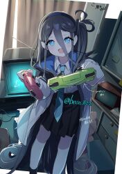  1girl :d absurdly_long_hair aqua_pupils aris_(blue_archive) artist_name beko_(beco_1122) black_hair black_hairband black_skirt blue_archive blue_eyes blue_jacket blue_necktie border collared_shirt commentary_request controller crt curtains dim_lighting double-parted_bangs dutch_angle feet_out_of_frame game_controller hair_between_eyes hairband hands_up highres holding holding_controller holding_game_controller incoming_object indoors jacket long_hair long_hair_between_eyes looking_at_viewer loosely_tucked_bangs miniskirt missing_halo necktie one_side_up open_clothes open_jacket open_mouth outside_border outstretched_arm reaching reaching_towards_viewer ringed_eyes shirt shirt_tucked_in skirt smile solo standing straight-on teeth television translation_request twitter_username two-sided_fabric two-sided_jacket upper_teeth_only very_long_hair white_border white_jacket white_shirt 