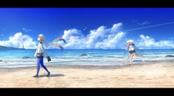  3boys arm_up asagi_futsuka ascot bare_legs barefoot beach belt_pouch bird black_shorts blonde_hair blue_ascot blue_pantyhose captain_nemo_(fate) captain_nemo_(first_ascension)_(fate) closed_eyes closed_mouth clouds collared_shirt colored_tips commentary_request contrail facing_to_the_side facing_up fate/grand_order fate_(series) from_side hand_up highres holding holding_stick holding_unworn_clothes holding_unworn_shoes light_smile lighthouse long_hair long_sleeves looking_at_another male_focus marine_nemo_(fate) multicolored_hair multiple_boys nemo_(fate) ocean open_mouth outdoors pantyhose pouch rock running sand shadow shirt shoes short_hair shorts sleeves_rolled_up stick tower turban twintails unworn_shoes walking white_turban wide_shot 