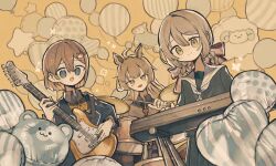  3girls ahoge animal_ears balloon bass_guitar bear_balloon blue_eyes bob_cut braid brown_eyes brown_hair closed_mouth commentary_request crossed_bangs drum drumsticks green_eyes hair_between_eyes hair_ornament hair_rings highres holding holding_bass_guitar holding_drumsticks holding_instrument indie_virtual_youtuber instrument jimini_shijimi light_blush looking_at_viewer mili_mirror multiple_girls no_pupils open_mouth piano playing_instrument sakuma_sui sheep short_eyebrows subekaraku_okapi 