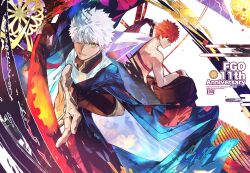  1boy absurdres black_haori black_kimono cape dark-skinned_male dark_skin eeju emiya_shirou fate/grand_order fate_(series) hakama haori highres holding holding_unworn_cape holding_unworn_clothes japanese_clothes katana kimono male_focus messy_hair red_hair scarf senji_muramasa_(fate) senji_muramasa_(third_ascension)_(fate) solo spiky_hair sword toned toned_male unworn_cape weapon white_hakama white_scarf 